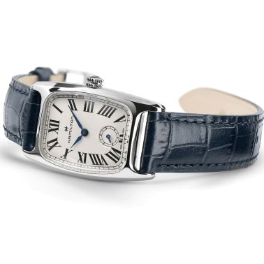 Montre Hamilton American Classic Boulton Small Second quartz cadran blanc bracelet cuir bleu 23,5 x 27,4 mm H13321611