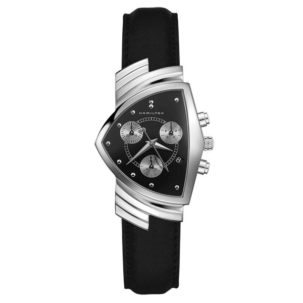 Hamilton Ventura Chrono quartz watch black dial black leather strap 32,3 x 50,3 mm H24412732