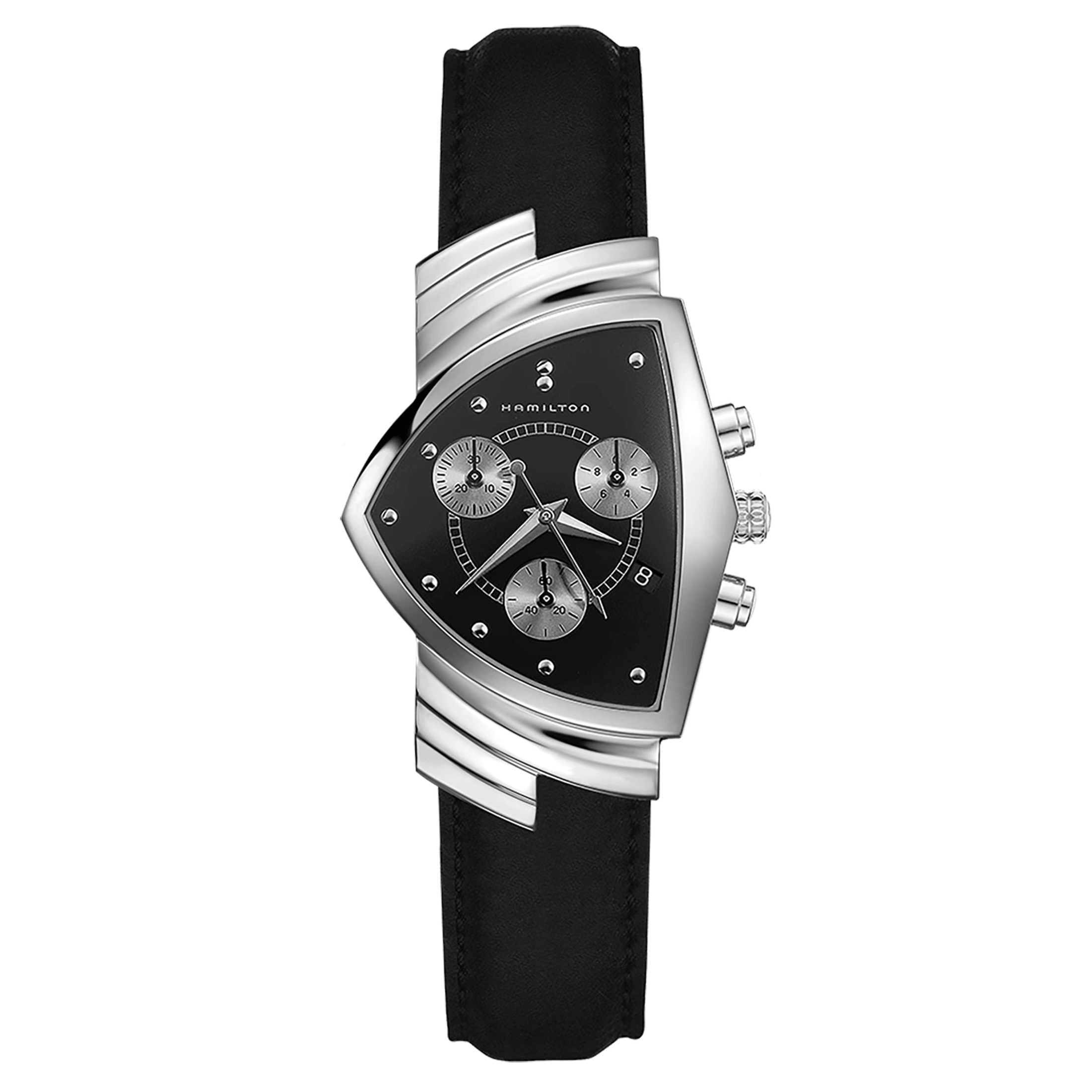 Hamilton Ventura Chrono quartz watch black dial black leather strap 32,3 x 50,3 mm H24412732
