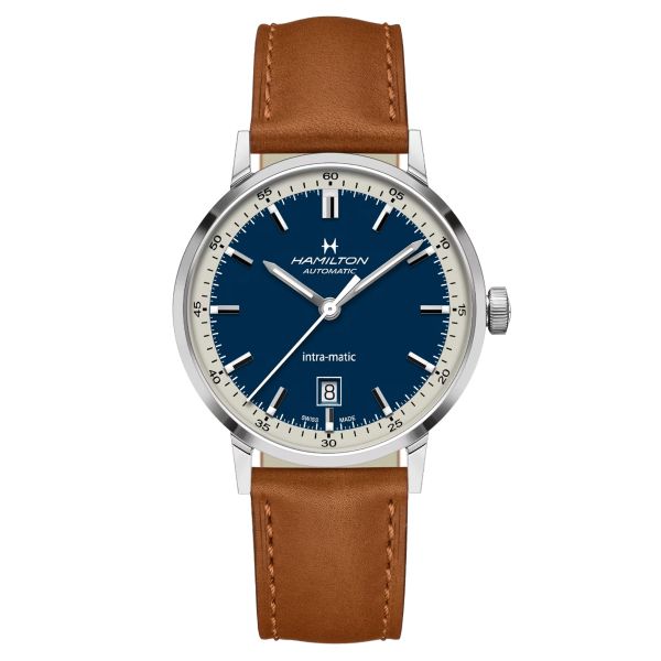 Montre Hamilton Intra-Matic automatique cadran bleu bracelet cuir brun 40 mm H38425540