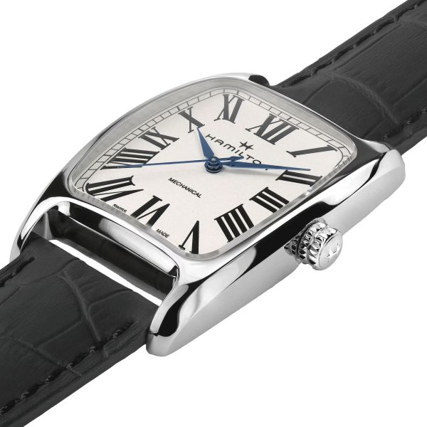 Montre Hamilton Boulton mécanique cadran blanc bracelet cuir noir H13519711