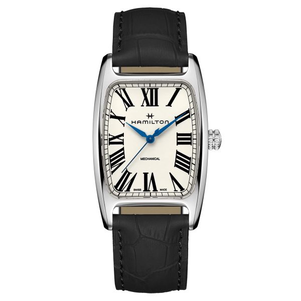 Montre Hamilton Boulton mécanique cadran blanc bracelet cuir noir