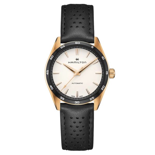 Montre Hamilton Jazzmaster Performer PVD or rose automatique cadran blanc bracelet cuir noir 38 mm H36225770