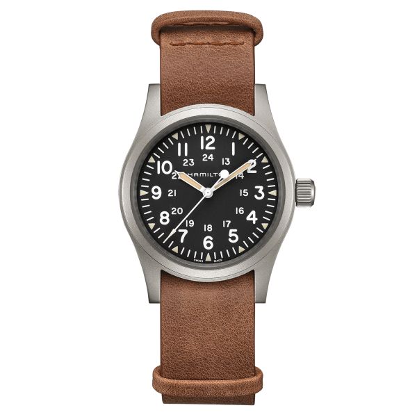 Hamilton Khaki Field Mechanical watch black dial brown leather strap 38 mm