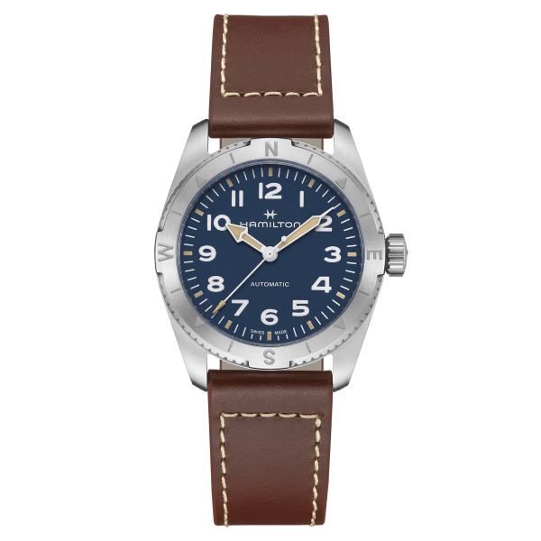 Hamilton Khaki Field Expedition automatic watch blue dial brown leather strap 37 mm H70225540
