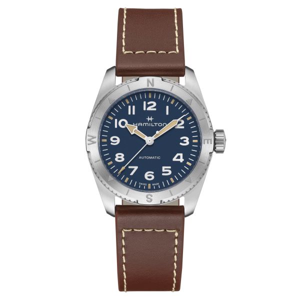 Montre Hamilton Khaki Field Expedition automatique cadran bleu bracelet cuir marron 37 mm H70225540