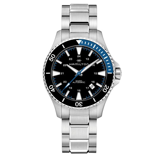 Montre Hamilton Khaki Navy Scuba automatique cadran noir lunette noire et bleue bracelet acier 40 mm H82315131