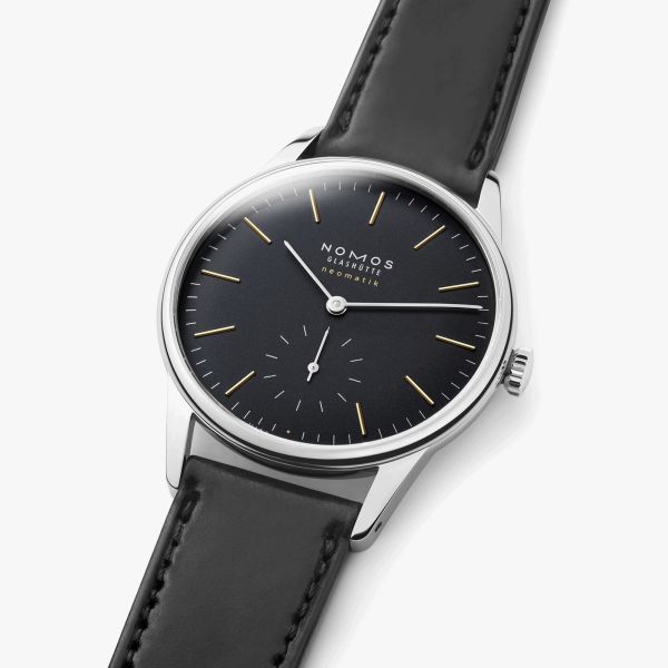 Nomos Orion Neomatik New Black automatic watch black dial black leather strap 36 mm