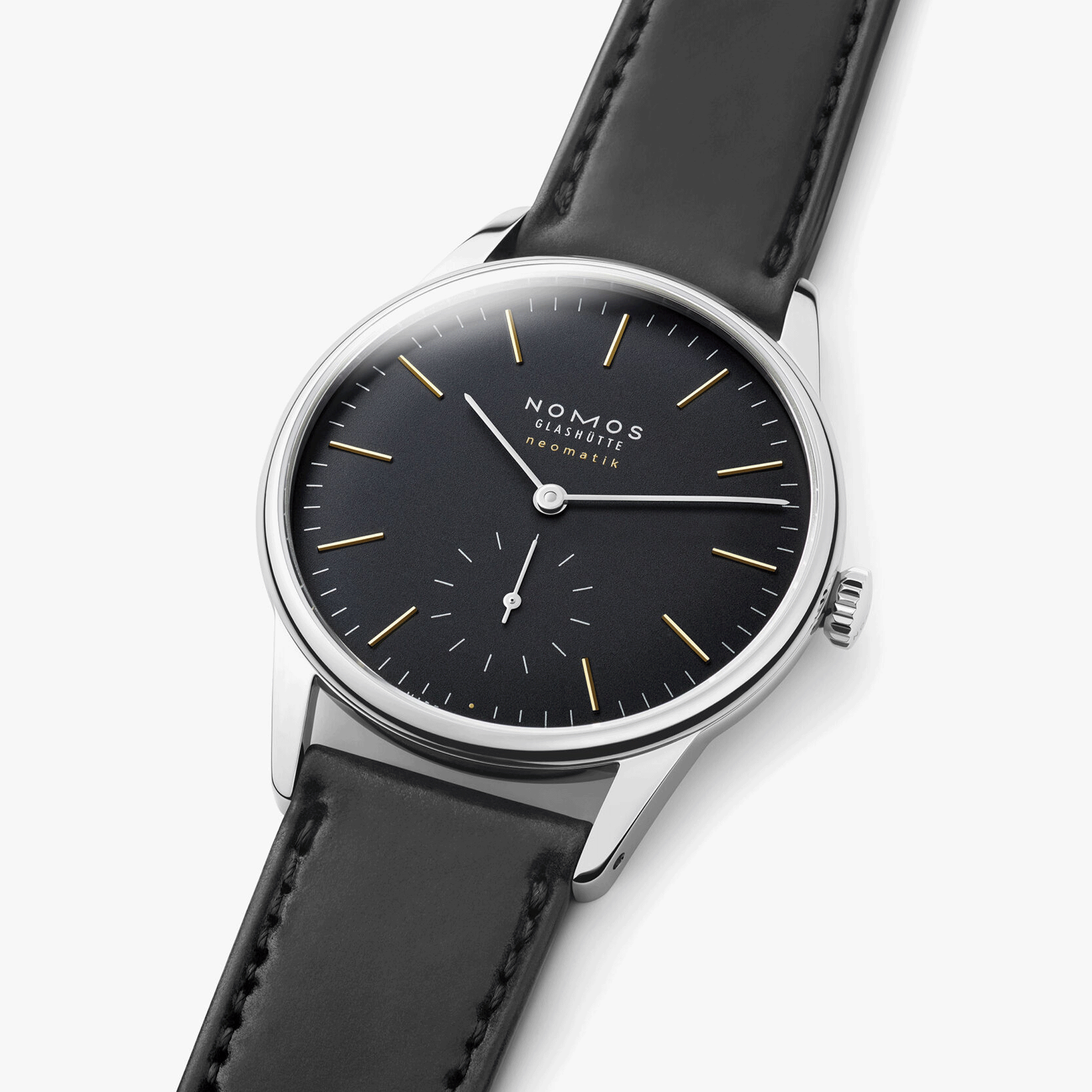 Nomos Orion Neomatik New Black automatic watch black dial black leather strap 36 mm