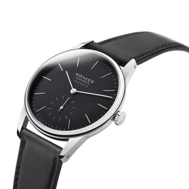 Nomos Orion Neomatik New Black automatic watch black dial black leather strap 36 mm