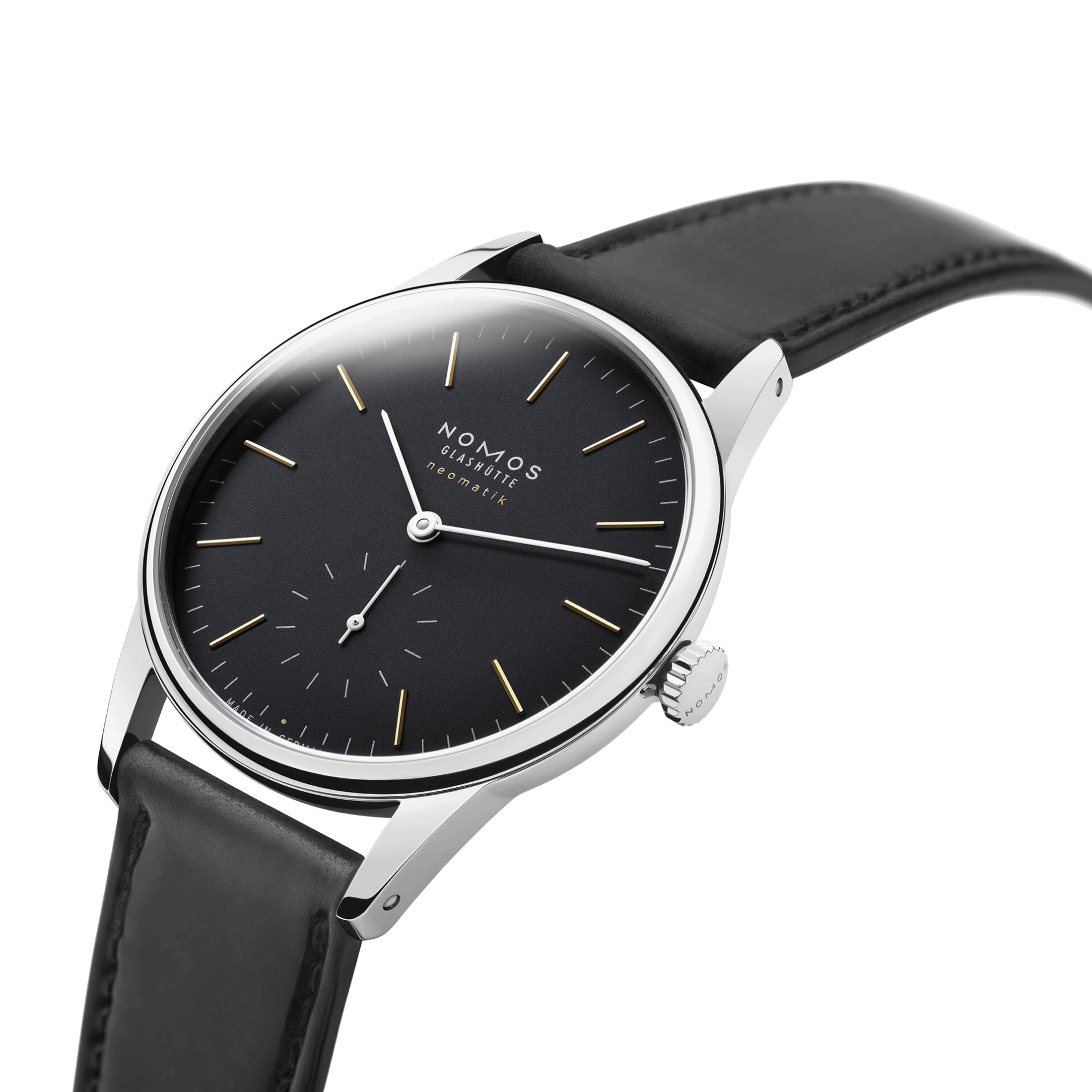 Nomos Orion Neomatik New Black automatic watch black dial black leather strap 36 mm