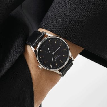 Nomos Orion Neomatik New Black automatic watch black dial black leather strap 36 mm