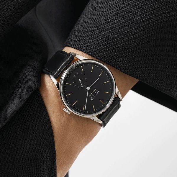 Nomos Orion Neomatik New Black automatic watch black dial black leather strap 36 mm