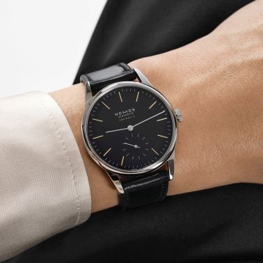 Nomos Orion Neomatik New Black automatic watch black dial black leather strap 36 mm