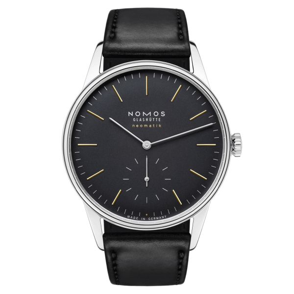 Nomos Orion Neomatik New Black automatic watch black dial black leather strap 36 mm