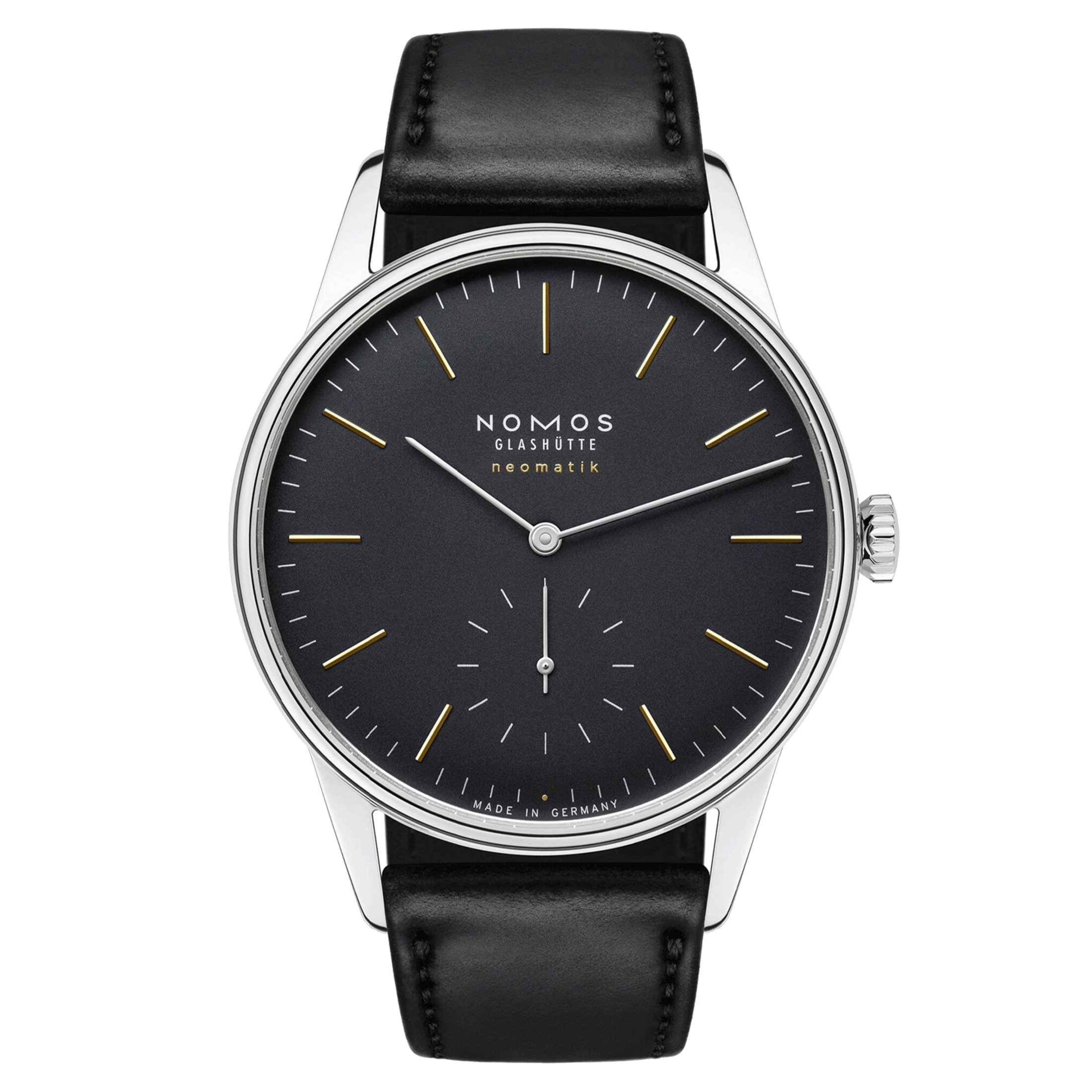 Nomos Orion Neomatik New Black automatic watch black dial black leather strap 36 mm