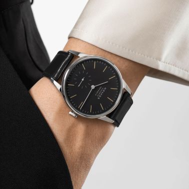 Nomos Orion Neomatik New Black automatic watch black dial black leather strap 36 mm