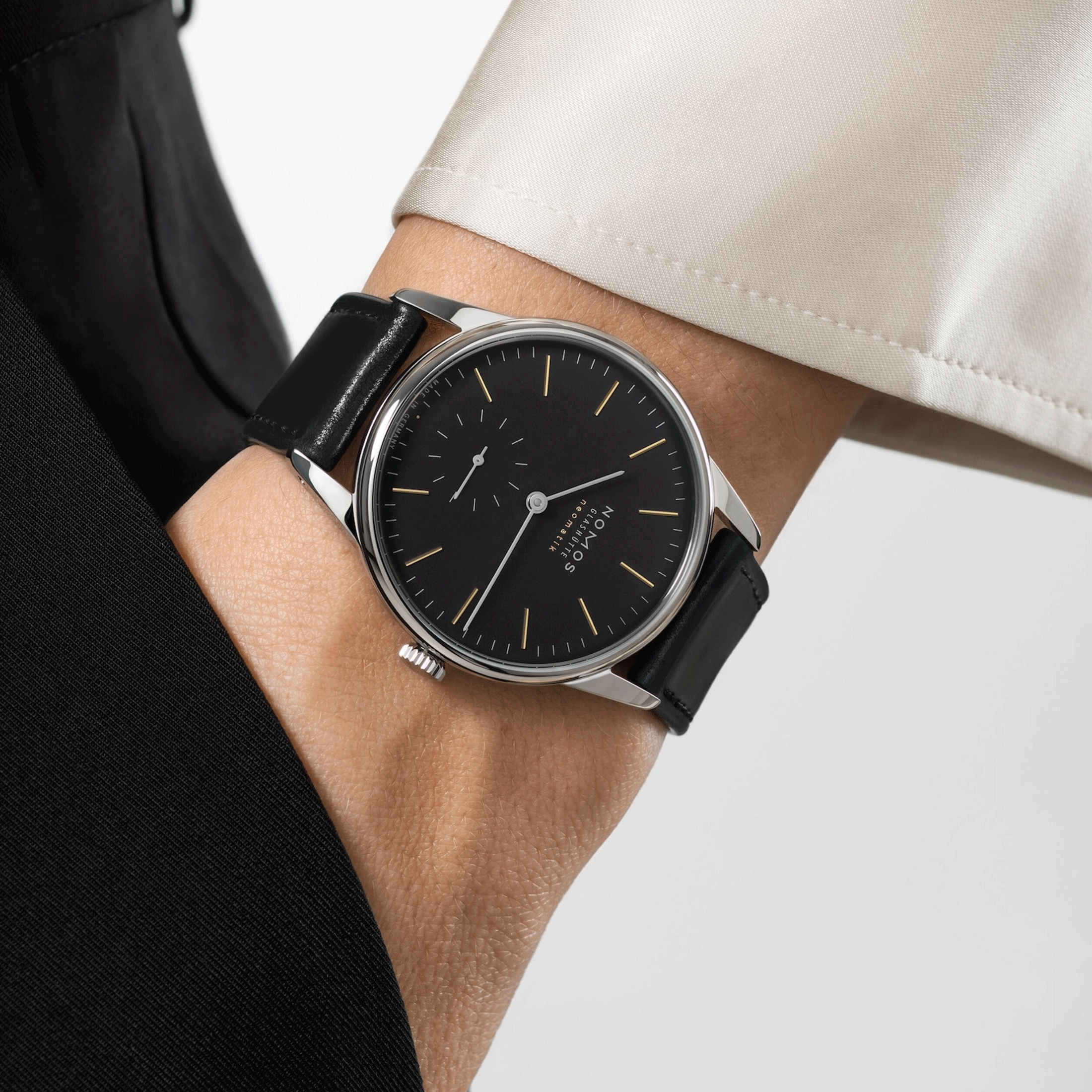 Nomos Orion Neomatik New Black automatic watch black dial black leather strap 36 mm