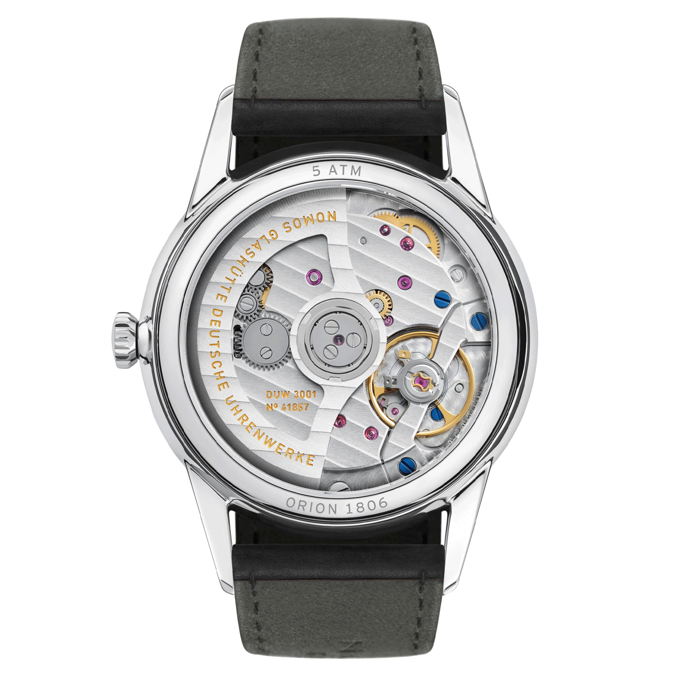 Nomos Orion Neomatik New Black automatic watch black dial black leather strap 36 mm