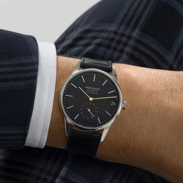 Nomos Orion Neomatik New Black automatic watch black dial black leather strap 41 mm