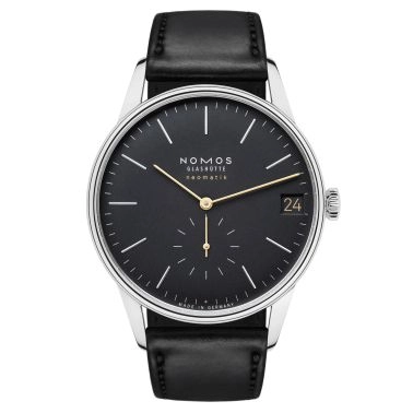 Nomos Orion Neomatik New Black automatic watch black dial black leather strap 41 mm