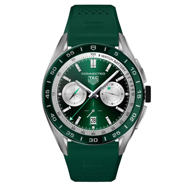 TAG Heuer Connected Calibre E4 watch green ceramic bezel green rubber strap 45 mm SBR8A14.BT6317