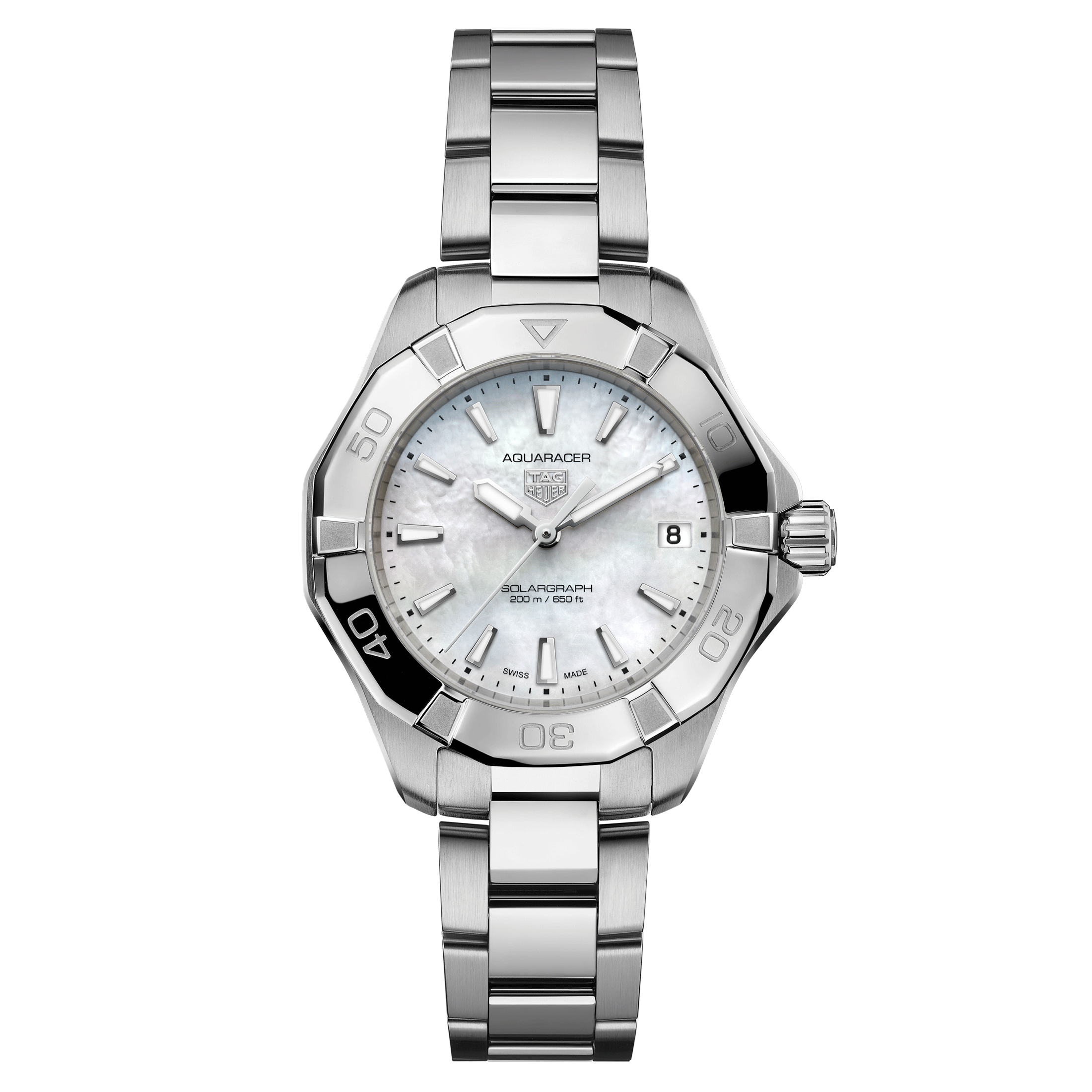 TAG Heuer Aquaracer Professional 200 Solargraph solar watch white mother-of-pearl dial steel bracelet 34 mm