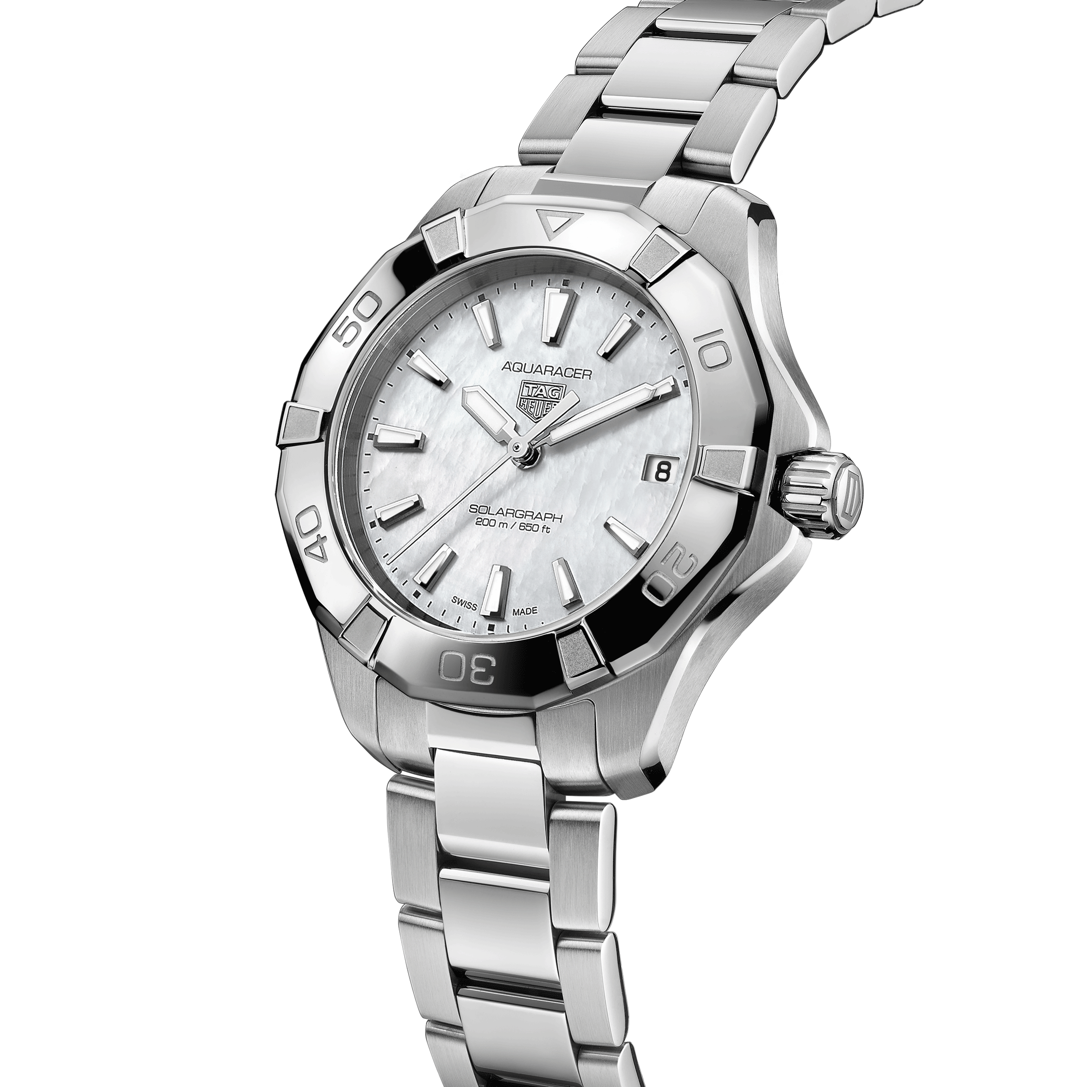 TAG Heuer Aquaracer Professional 200 Solargraph solar watch white mother-of-pearl dial steel bracelet 34 mm