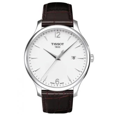 Montre Tissot T-Classic Tradition quartz cadran argent index chiffres et bâtons bracelet cuir brun 42 mm T063.610.16.037.00