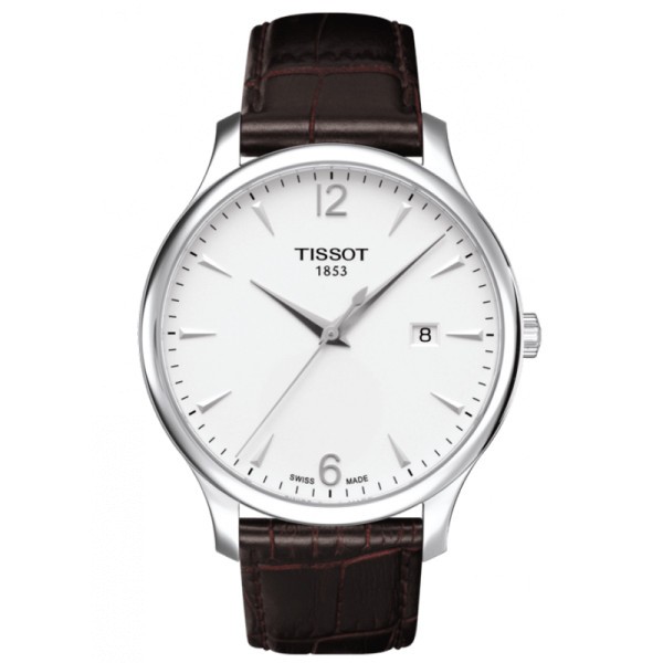 Montre Tissot T-Classic Tradition quartz cadran argent index chiffres et bâtons bracelet cuir brun 42 mm