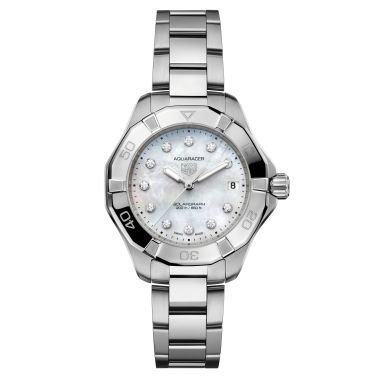 TAG Heuer Aquaracer Professional 200 Solargraph solar watch diamond hour markers white mother-of-pearl dial steel bracelet 34 mm