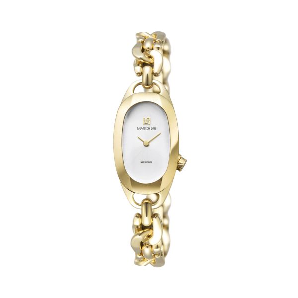 Montre March LA.B Oblongue Continental quartz cadran blanc bracelet acier gourmette gold 20 x 40 mm