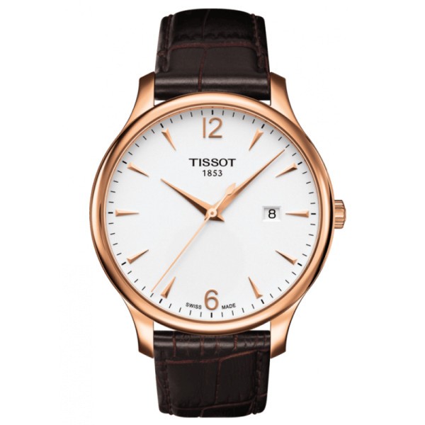 Montre Tissot T-Classic Tradition quartz acier PVD or rose cadran argent bracelet cuir brun 42 mm T063.610.36.037.00