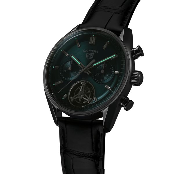 Montre TAG Heuer Carrera Chronographe Tourbillon automatique cadran vert bracelet cuir 42 mm CBS5011.FC6566