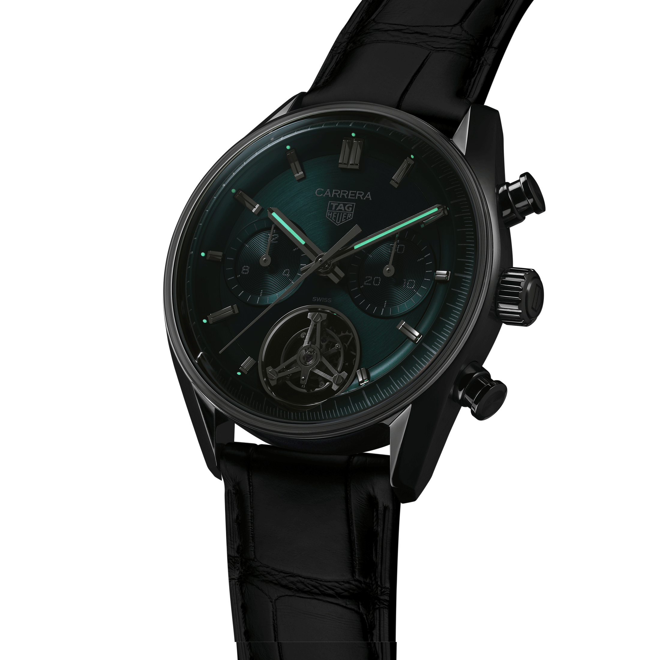 Montre TAG Heuer Carrera Chronographe Tourbillon automatique cadran vert bracelet cuir 42 mm CBS5011.FC6566