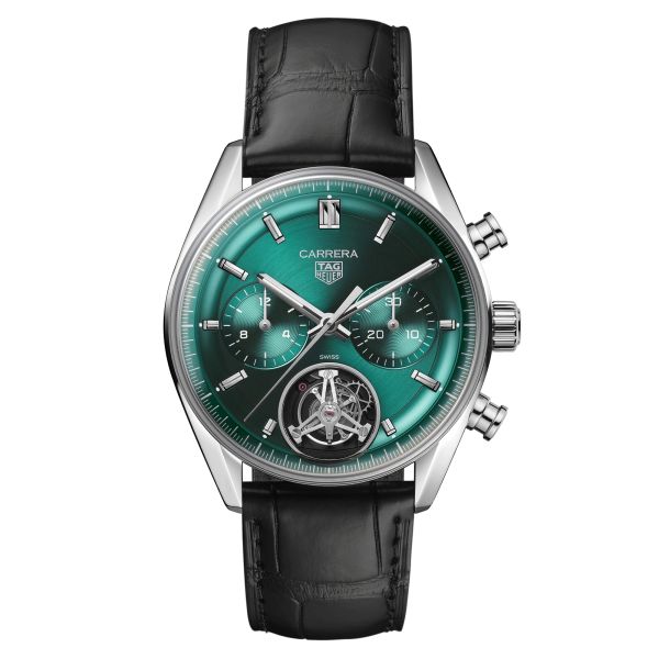 Montre TAG Heuer Carrera Chronographe Tourbillon automatique cadran vert bracelet cuir 42 mm CBS5011.FC6566