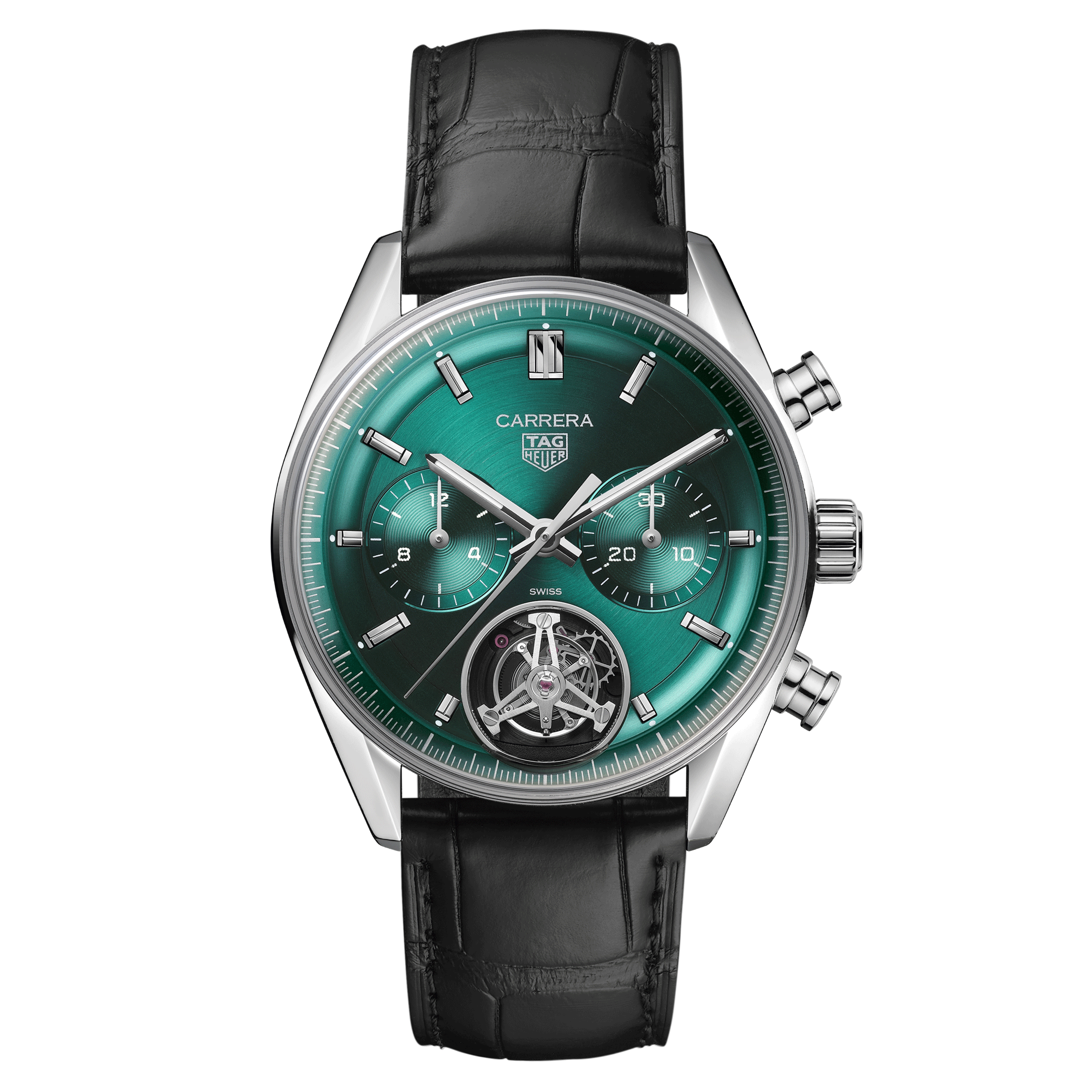 Montre TAG Heuer Carrera Chronographe Tourbillon automatique cadran vert bracelet cuir 42 mm CBS5011.FC6566