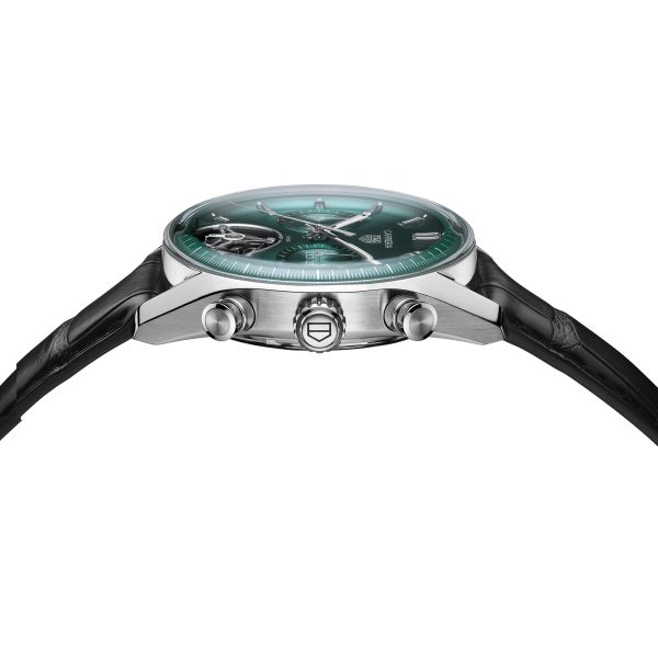 Montre TAG Heuer Carrera Chronographe Tourbillon automatique cadran vert bracelet cuir 42 mm CBS5011.FC6566