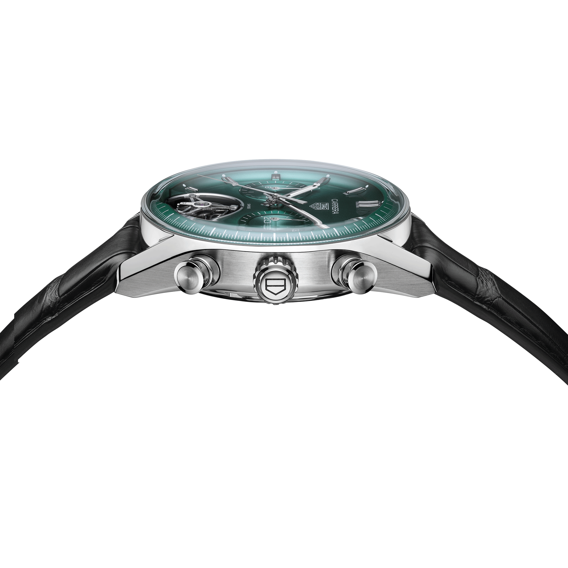 Montre TAG Heuer Carrera Chronographe Tourbillon automatique cadran vert bracelet cuir 42 mm CBS5011.FC6566
