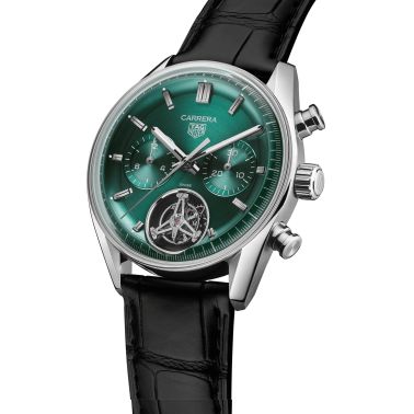 Montre TAG Heuer Carrera Chronographe Tourbillon automatique cadran vert bracelet cuir 42 mm CBS5011.FC6566