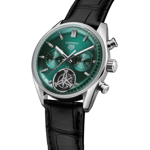 Montre TAG Heuer Carrera Chronographe Tourbillon automatique cadran vert bracelet cuir 42 mm CBS5011.FC6566