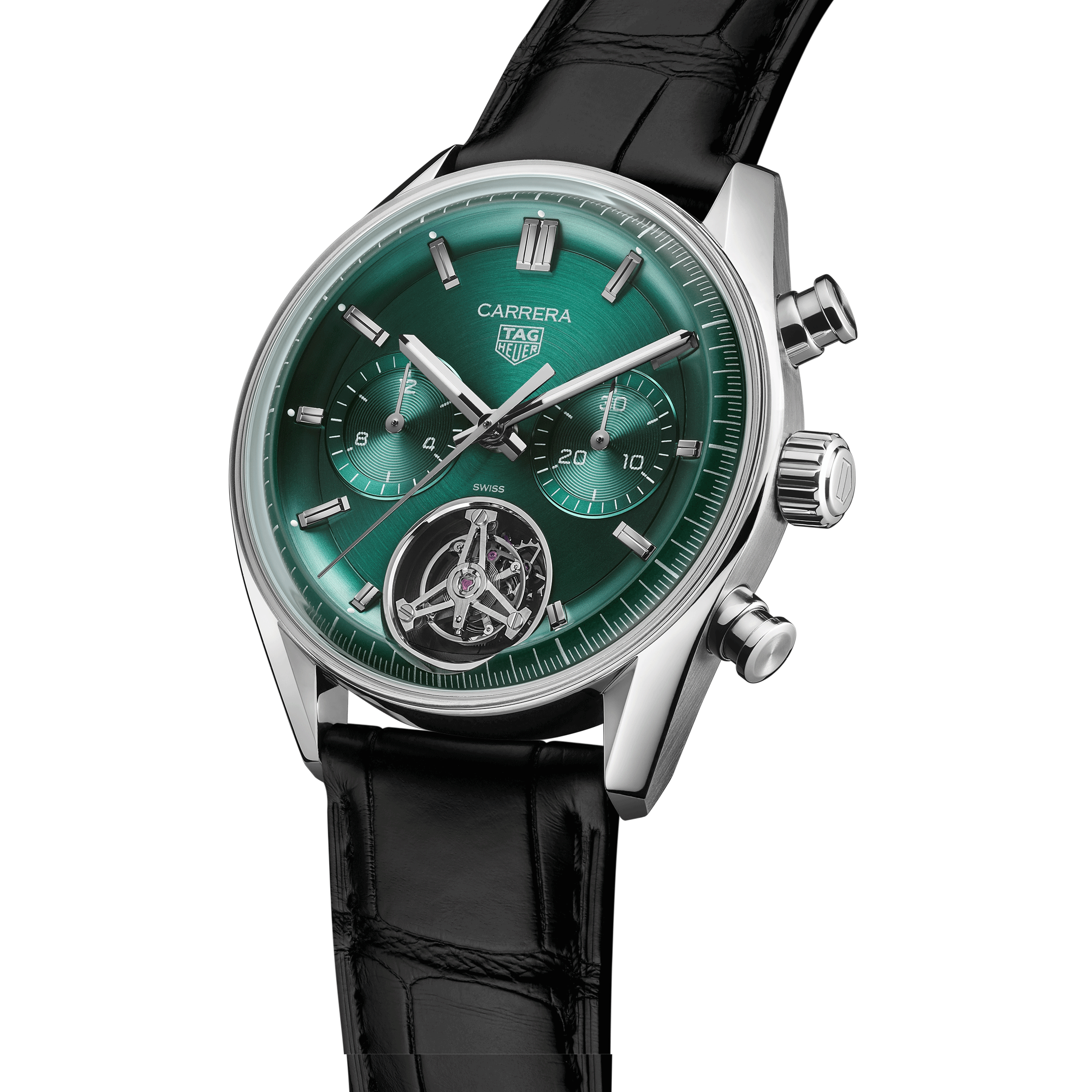 Montre TAG Heuer Carrera Chronographe Tourbillon automatique cadran vert bracelet cuir 42 mm CBS5011.FC6566