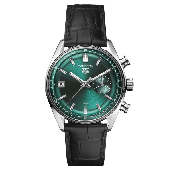 Montre TAG Heuer Carrera Chronographe DATO automatique cadran vert bracelet cuir 39 mm CBS2211.FC6545