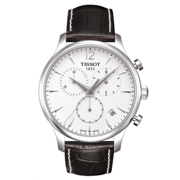 Montre Tissot T-Classic Tradition quartz chronographe cadran argent bracelet cuir brun 42 mm