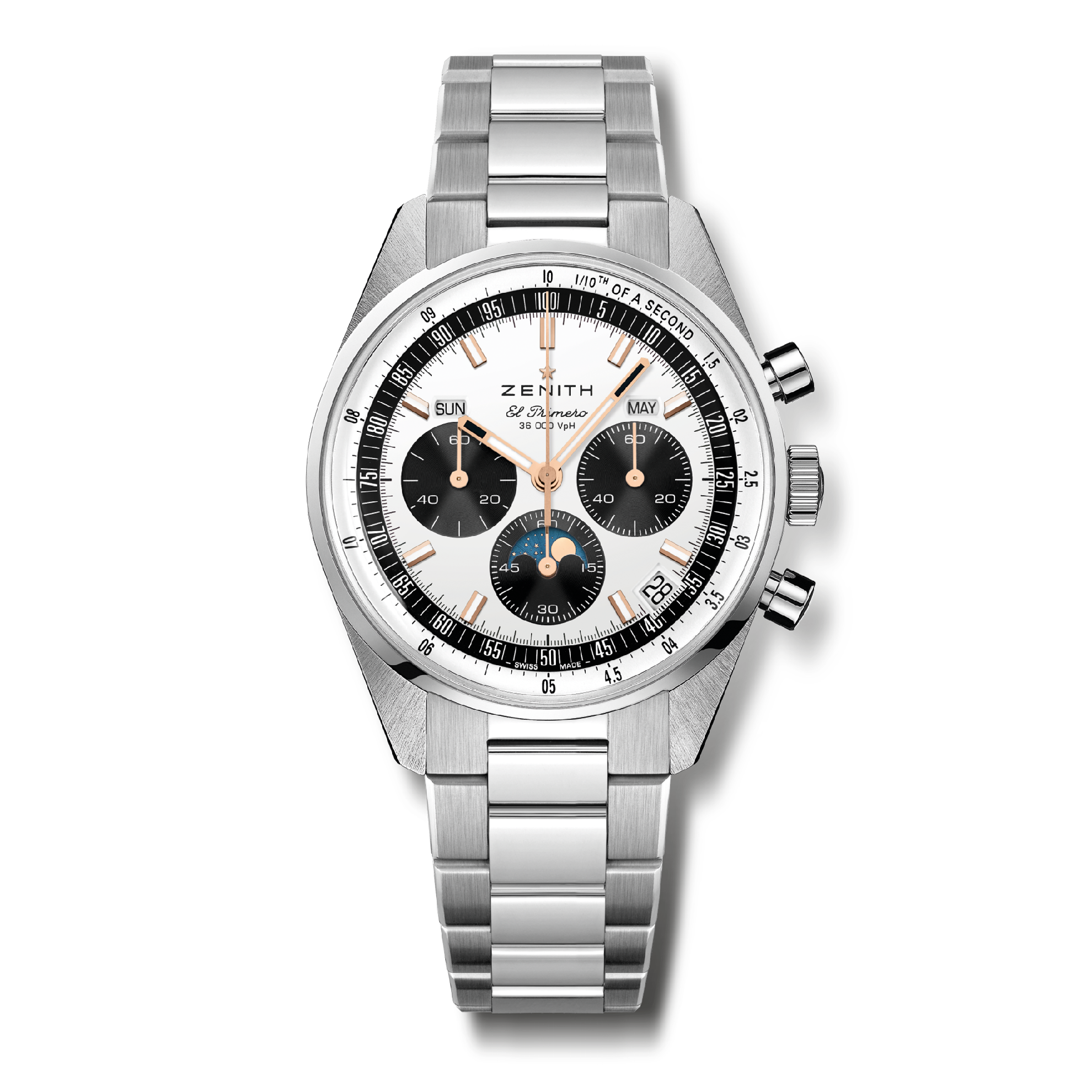 Montre Zenith Chronomaster Original Triple Calendar El Primero cadran argenté bracelet acier 38 mm