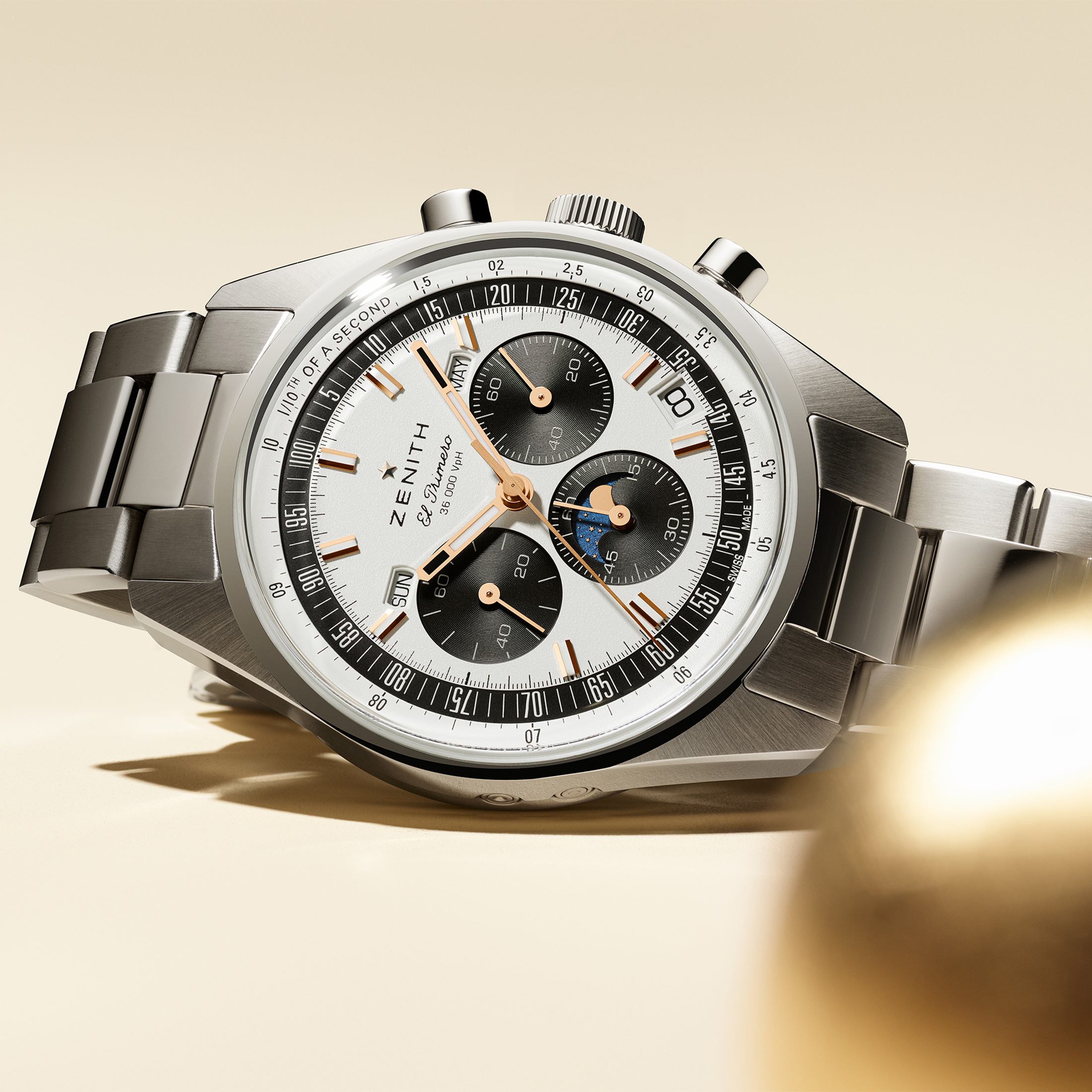 Montre Zenith Chronomaster Original Triple Calendar El Primero cadran argenté bracelet acier 38 mm