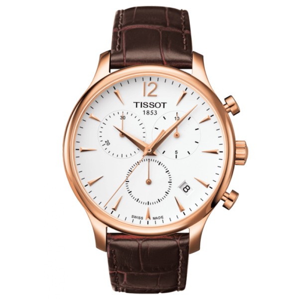 Montre Tissot T-Classic Tradition quartz chronographe acier PVD or rose bracelet cuir brun 42 mm T063.617.36.037.00