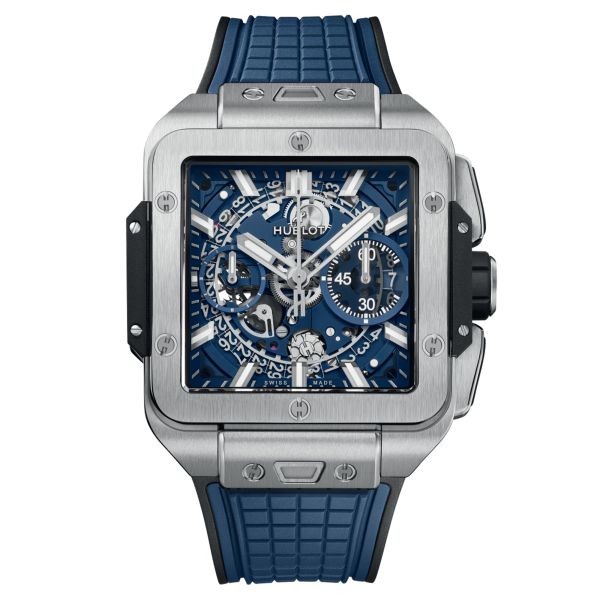 Hublot Square Bang Unico Titanium Blue automatic watch titanium bezel skeleton dial blue rubber strap 42 mm