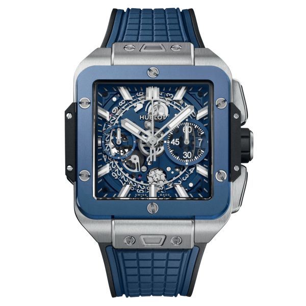 Montre Hublot Square Bang Unico Titanium Blue Ceramic automatique lunette céramique bracelet caoutchouc 42 821.NL.5170.RX