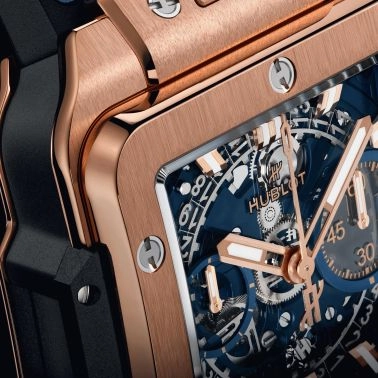 Hublot Square Bang Unico King Gold Blue automatic watch skeleton dial blue rubber strap 42 mm 821.OX.5180.RX